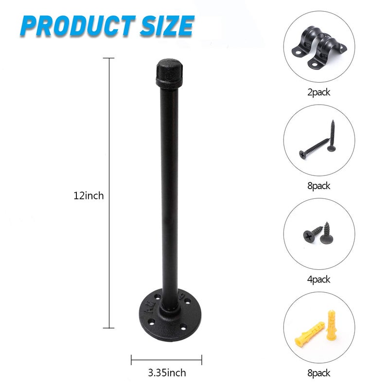 Home TZH حاملات رفوف أنابيب الحديد الأسود الصناعية 1/2"، حاملات رفوف معلقة على الحائط بتصميم ريفي، حاملات أنابيب مخصصة للرفوف العائمة (12 بوصة، قطعة، 2.0) - Image 2